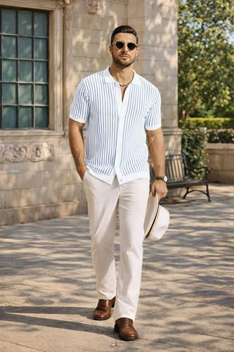 Image of COOFANDY Mens Knit Button Down Shirts Short Sleeve Polo Shirt Vintage Striped Casual Shirts