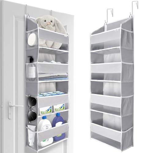 ULG Over Door Organizer with 4 Large Pockets 6 Mesh Side Pockets, 33 lbs Weight Capacity Hanging Storage Organizer with Clear Window for Baby Kids Toys, Diapers, Grey?1 Pack, 4 Layers