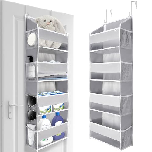 ULG Over Door Organizer with 4 Large Pockets 6 Mesh Side Pockets, 33 lbs Weight Capacity Hanging Storage Organizer with Clear Window for Baby Kids Toys, Diapers, Grey?1 Pack, 4 Layers