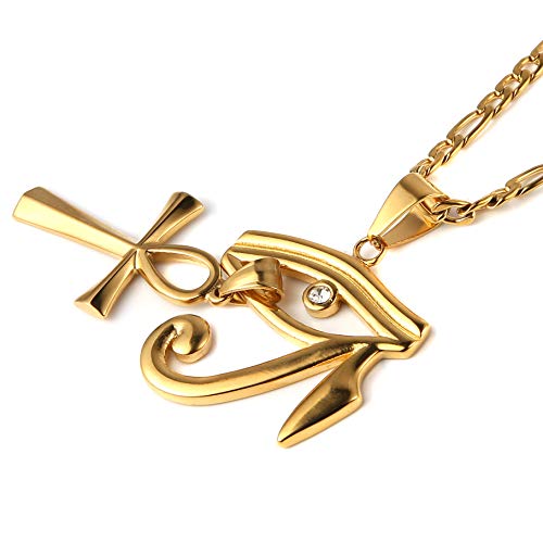 HZMAN Gold Stainless Steel Eye of Horus Egypt And Coptic Ankh Cross Religious Pendant Necklace 24" Figaro Chain2