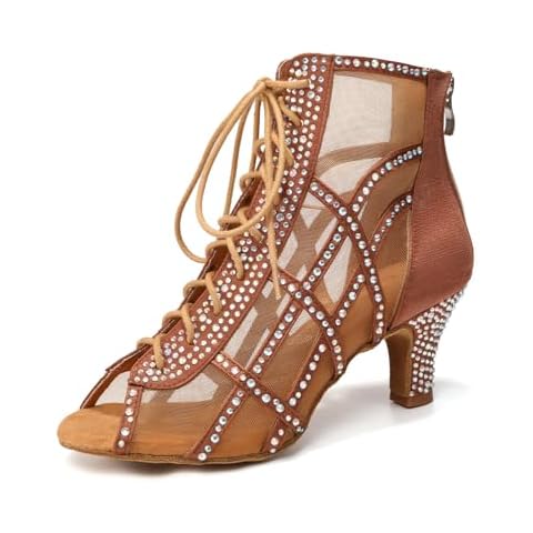 JUODVMP Women's Ballroom Dance Boots Mesh Latin Salsa Shoes,Satin with Rhinestones Heels,L434,Brown,2 1/3 inches Heel,9.5 US Cover