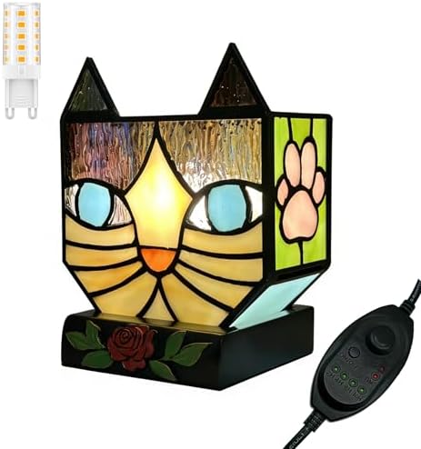 Stained Glass Cat Lamp, Tiffany Style Table Lamp with 24H Cycle T...