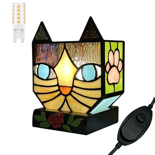 Entlityful Stained Glass Cat Lamp Tiffany Style Table Lamp with 24H Cycle Timer Small Table Lamp with Dimmable Timing Function Cat Gifts for Women Cat Lovers Cat Remembrance Gifts