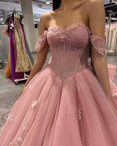 WDBFY Princess Lace Quinceanera Dresses with Bow Puffy Tulle Sweet 15 16 Dresses Off Shoudler 3D Floral Beaded Ball Gowns4