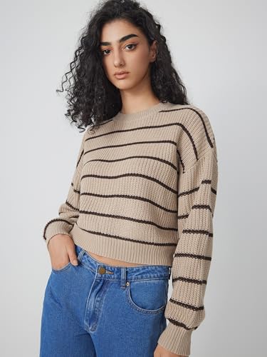 Image of CIDER Women's Cropped Striped Sweater Long Sleeve Crew Neck Trendy Pullover Tops