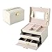 Asvert Boîte à Bijoux en Cuir PU Coffret/Coffre à Bijoux 3 Tiroirs avec Clé Miroir Boîte de Voyage Maquillage Femme Filles Rangement Bijoux pour Bagues Boucles d'oreilles Colliers Cadeau, Blanc