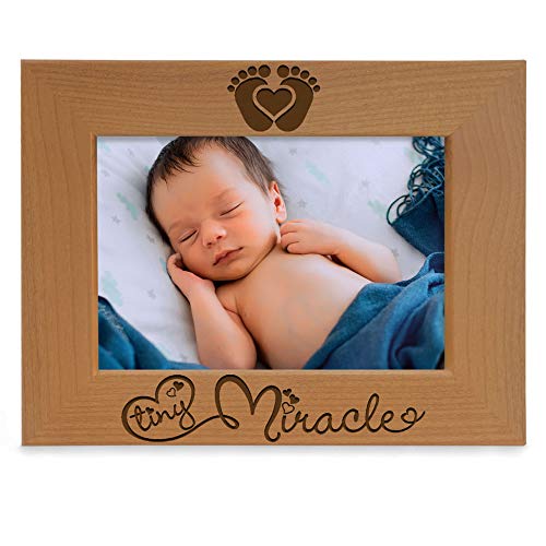 KATE POSH Tiny Miracle Engraved Natural Wood Picture Frame, New Baby Frame, Newborn Baby Gift, Gender Reveal Gift (5x7 Horizontal)