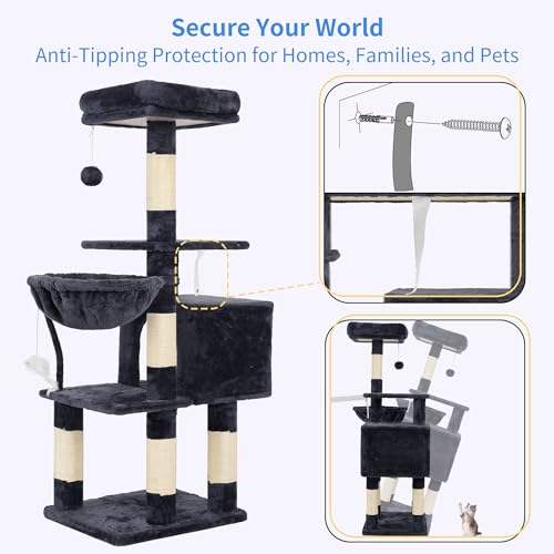 Image of Heybly Cat Tree with Toy, 43.3 inch Cat Tower for Indoor Cats HCT004SG | Cat Condo with Durable Sisal Scratching Posts, Cat House with Padded Plush Perch, Cozy Hammock, Smoky Gray