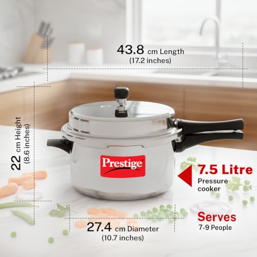 Image of Prestige 7.5 Litres Popular Outer Lid Aluminium Pressure Cooker |Metallic Safety Plug | Gasket Release System | Silver |5 years warranty