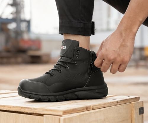 Image of LARNMERN Steel Toe Work Boots Men Slip Resistant Safety Shoes Side Zipper Industrial Construction High Top Comfortable Combat Tactical Boot 51699(10 Men, All Black)
