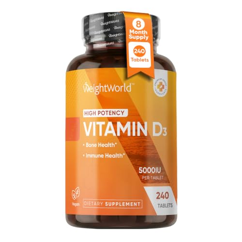 WeightWorld High Potency Vitamin D3 5000 IU (125mcg) - D3 Vitamin for Bone Teeth Muscle & Immune Support - 240 Easy-to-Swallow Tablets 8-Month Supply Vegan Plant-Based VIT D3 Non-GMO