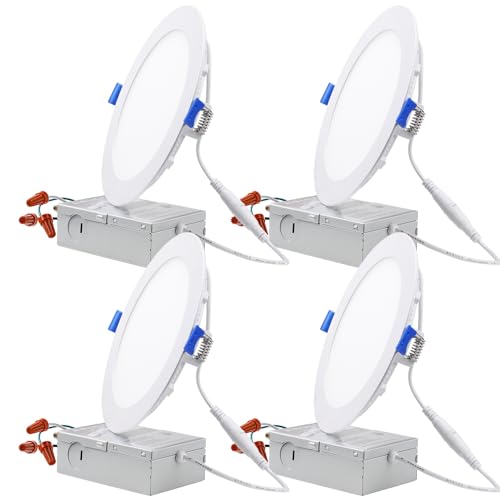 TORCHSTAR Essential Series 6 Inch Ultra-Thin LED Recessed Lighting with J-Box, 1000lm Dimmable Slim Panel Downlight, ETL & Energy Star Listed, 3000K Warm White, Pack of 4