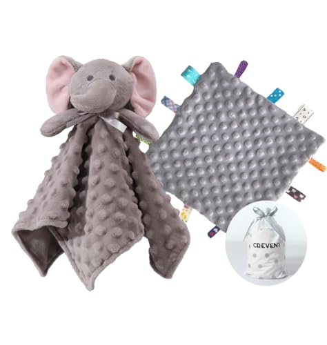 Image of CREVENT Cozy Plush Baby Security Blanket Loveys for Baby Boys and Girls, Minky Dot Front + Sherpa Backing with Animal Head (Grey Elephant + Tag)