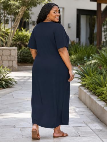 Image of Plus Size Maxi Dress for Women Short Sleeve V Neck Casual Loose Sundress with Pockets