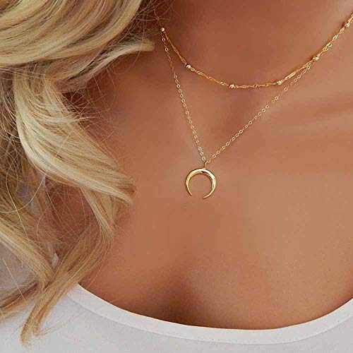 Jovono Boho Layered Choker Necklaces Moon Pendant Necklace Beaded Necklace Chain for Women(Gold)