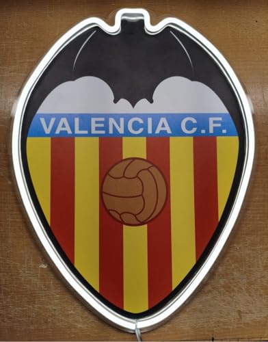 Regalo Valencia Lámpara LED de Pared, Escudo del Club fútbol liga con Iluminación Neón, Decoración Deportiva. Medida: 28 x 36 cm.