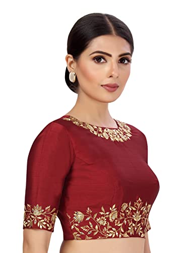 Studio Shringaar Women's Polyester Elbow Length Sleeves Art Silk Embroidered Saree Blouse