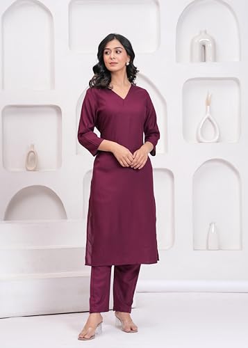 Image of ANILINE Women's Rayon Solid plain v neck kurta Trouser /Pant set