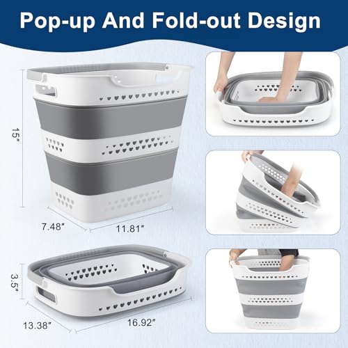 Collapsible Laundry Basket Foldable Pop-Up Laundry Hamper with Comfort Handles Portable Plastic Laundry Storage Basket Organizer Space Saving Dirty Clothes Hamper Container for Home, Dorm (Grey) - Image 4