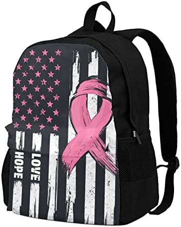 16.5 Laptop Handbag Lightweight School Bags Bookbag Backpacks For Men Women,American Flag Pink Ribbon Breast Cancer Awareness Casual Zipper Schoolbag Shoulder Bag Travel Daypack For Student Boys Kids