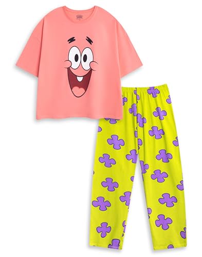 SPONGEBOB SQUAREPANTS Pijama Rosa de Manga Corta y Pierna Larga de Patrick Star para Mujer | Ropa de Dormir con Dibujos Animados para Relajarse y acostarse | Ropa de Dormir cómoda