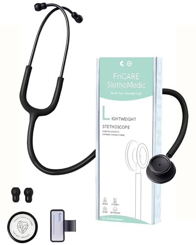 FriCARE Lightweight Dual Head Stethoscope for Medical Professionals Doctors, Aluminum Chestpiece and Headset, All Black Matte Finish Tube