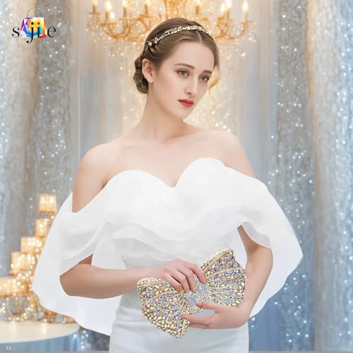 Image of Handmade Inlay Rhinestone Bow Clutch Bag for Women, Sparkling Evening Party Wedding Purse with Detachable Pearl Chain