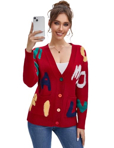 Women's Sheep Embroidered Sweater V-Neck Cardigan – Cable Knit Open Front Coat with Rainbow Buttons Sweater Coat Outwear3