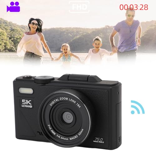 Cámara Digital de 5k, Cámara de Vlogging de 75MP, con Zoom de 18x, Pantalla de Flip de 3 Pulgadas, Cámara Compacta HD, para Fotografía de Viaje (Black)