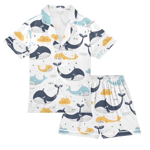 ALAZA Cartoon Whale White Cloud Pajamas Satin Pajama Set Short Sleeve Button Down Sleepwear