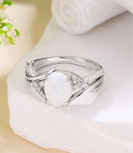 White Opal Rings for Women Oval 925 Sterling Silver Engagement Ring for Wedding Promise Oval October Birthstones Jewelry for Wife Size 5 to 134