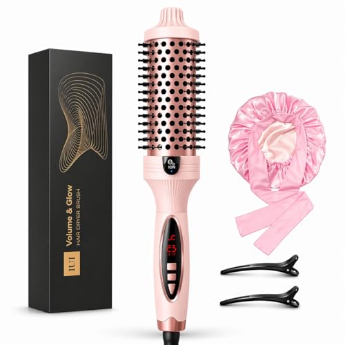 IUIBeauty Thermal Brush Heated Round Brush with 5 Heat Settings & LED Display 1.5 inch Negative Ion Thermal Brush Long Hair Blowout Curling Iron Dual Voltage Pink volumizing Brush