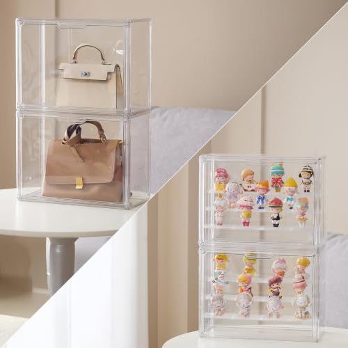 Image of 3 Tiers Clear Acrylic Display Case, Plastic Storage Bins with 2 Adjustable Divider and Magnetic Door,Stackable Display Box for Figures Showcase (XLarge -with 3 partition plate-2pack)