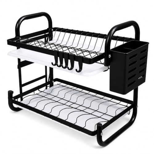Image of 2 Tier Dish Drying Rack for Kitchen Counter, Dish Drainers for Metal Drying Rack Chopping Board Holder,Knife Holder,Cutlery Basket, Water Drain Tray Dish Racks(SS-10)