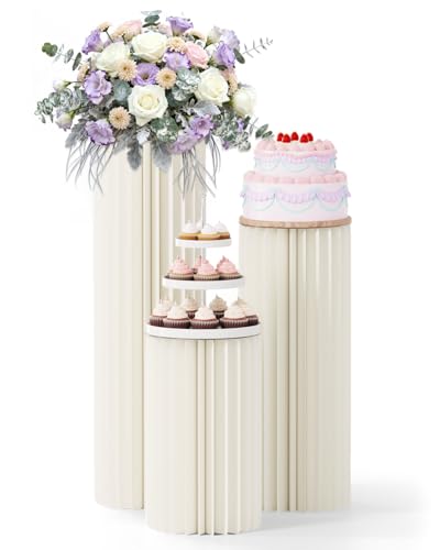 3 Pack Cylinder Stands for Party, Round Cake Pedestal Stands Foldable Buffet Food Risers White Cardboard Cylinder Stands with Acrylic Plates Centerpiece Cake Pedestal Stand for Birthday Wedding Table