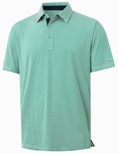 Image of Golf Shirts for Men - Dry Fit Moisture Wicking Short Sleeve Performance Sport Casual Striped Collared Mens Polo Shirt