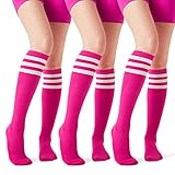 Joulli Women's Knee High Athletic Socks Stripe Tube Outdoor Sport Socks 3 Pairs, Rose Pink