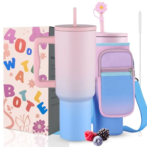 Sanilinwild 40 oz Tumbler with Handle and Straw Water Bottle Holder with Phone Pocket-BPA-Free-Easy to Carry-Travel Coffee Mug - Dishwasher Safe-Women Men for Holiday (Blue&Pink A)