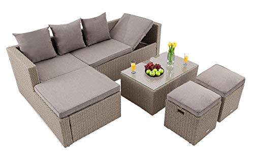 di volio Polyrattan Sitzgruppe Bologna - Lounge Gartenmöbel-Set für Garten und Terrasse mit Ecksofa, Tisch & 2 Hockern - Lounge-Set in Rattan-Optik inkl. eine Fleecedecke