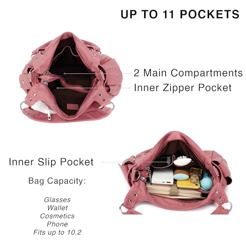 Scarleton Purses for Women Large Hobo Bags Washed Vegan Leather Shoulder Bag Satchel Tote Top Handle Handbags, H129205A, Dark Pink - Thumbnail 4