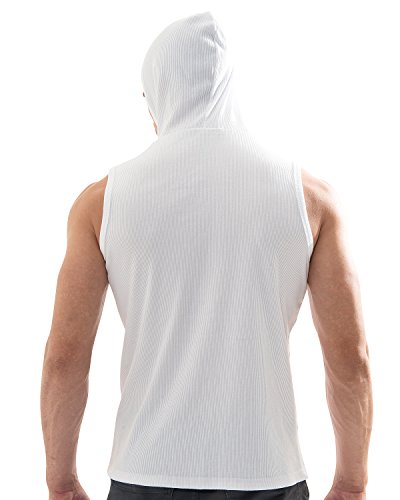 Ililily Stretchy Ribbed Knit Hoodie Sleeveless Athletic Muscle Tee Tank Top (Tshirts-349-4-M) White #TOP5