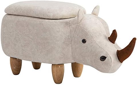 HOMCOM Rhino Storage Stool Cute Decoration Footrest Wood Frame Legs w/ Padding Lid Ottoman Animal Furniture Cream 36x70cm