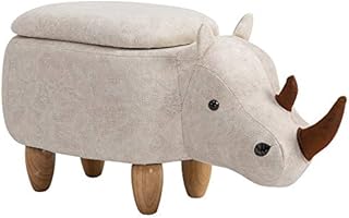 HOMCOM Rhino Storage Stool Cute Decoration Footrest Wood Frame Legs w/ Padding Lid Ottoman Animal Furniture Cream 36x70cm