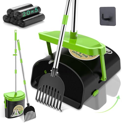 Image of UPSKY 33.4 inch Dog Pooper Scooper Swivel Bin & Rake Kit with 100 Waste Bags | Long Handle Heavy Duty Pet Poop, Stainless Steel, Easy to Install, Odor-proof Lid for All Dog Sizes-Yard /Lawn /Outdoor Use