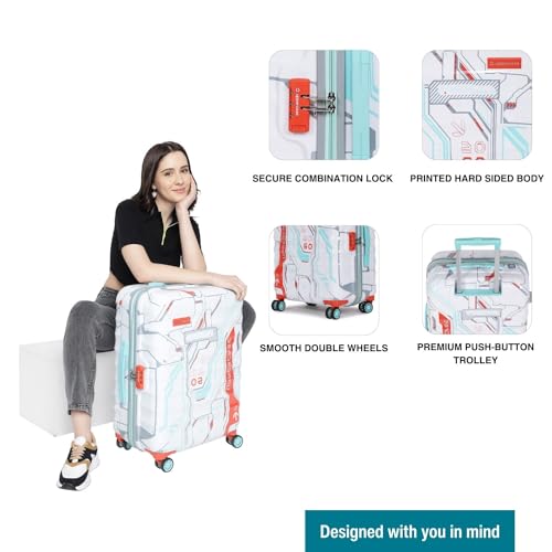 Image of uppercase Polyester Cyber Punk (Medium) 66Cms|Check-In Inline Trolley Bag For Travel|Polycarbonate Hardshellsided Printed Luggage|Combination Lock|8 Wheel Inline Trolley Bag |(White),H-65.5 cms,Large