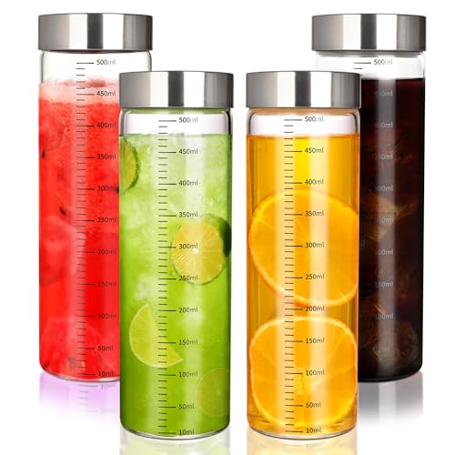 4 confezioni di bottiglie di vetro graduate da 500 ml, bicchieri per frullati con coperchio in acciaio inossidabile, bottiglie d'acqua in vetro riutilizzabili, adatte per frullati, succhi, latte, caff