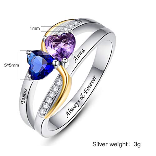 Bonlavie Personalized Promise Rings For Her Mother Rings With 2 Heart Cut Simulated Birthstones Custom Couples Engraved Name Ring For Women Size 8.5 #TOP4