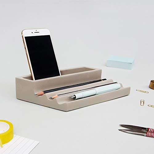 Good Design Works Concrete Pen Tray, Desktop Organiser and Cosmetics Container, Stationery/Memo Pad Holder - Grey