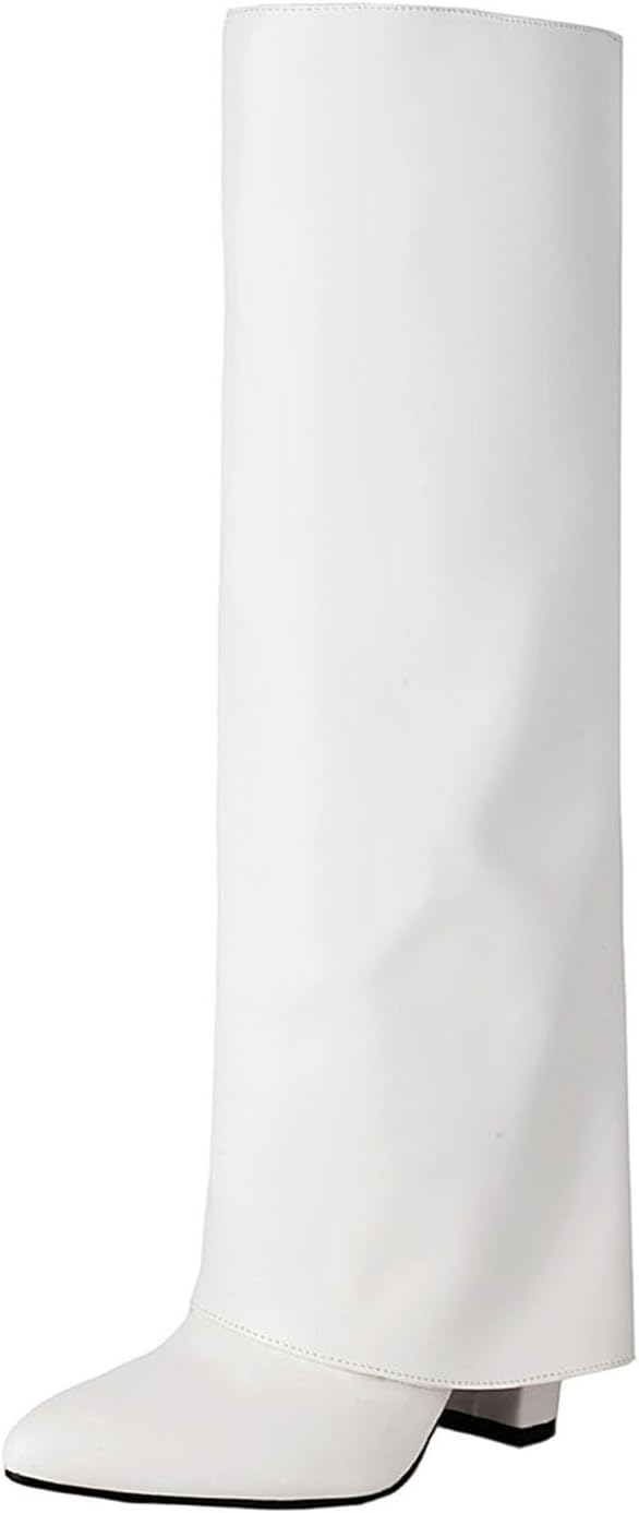 Women Faux Leather Foldover Boot Straight Tube High Heel Boots Pointed Toe Knee Length Shoe Casual Winter Fall Shoes