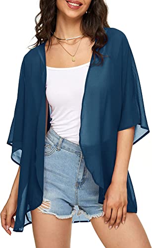 Image of Indian Trendy Women's Solid Puff Sleeve Kimono Cardigan Loose Cover Up Casual Blouse Top Chiffon